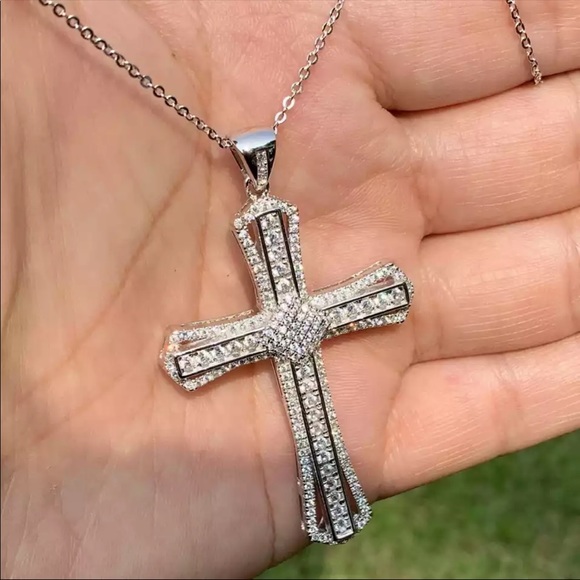 New Men Women 925 Silver Cross Diamond Necklace - Picture 6 of 7
